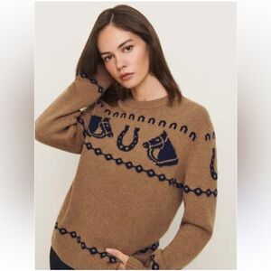 NWT RARE Reformation Alexandria Cashmere Horse Girl Sweater in Camel/Navy - M